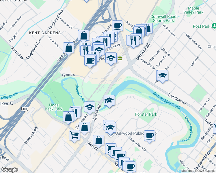 map of restaurants, bars, coffee shops, grocery stores, and more near Cornwall Rd in Oakville