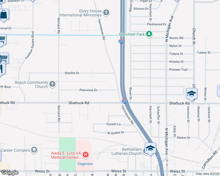 map of restaurants, bars, coffee shops, grocery stores, and more near 2109 Plainview Drive in Saginaw