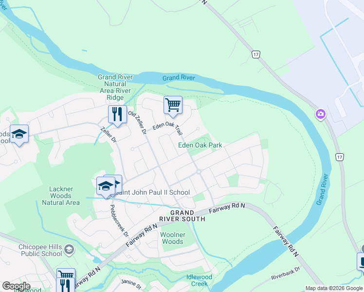 map of restaurants, bars, coffee shops, grocery stores, and more near 1046 Eden Oak Trail in Kitchener
