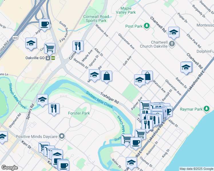 map of restaurants, bars, coffee shops, grocery stores, and more near 312 Reynolds Street in Oakville