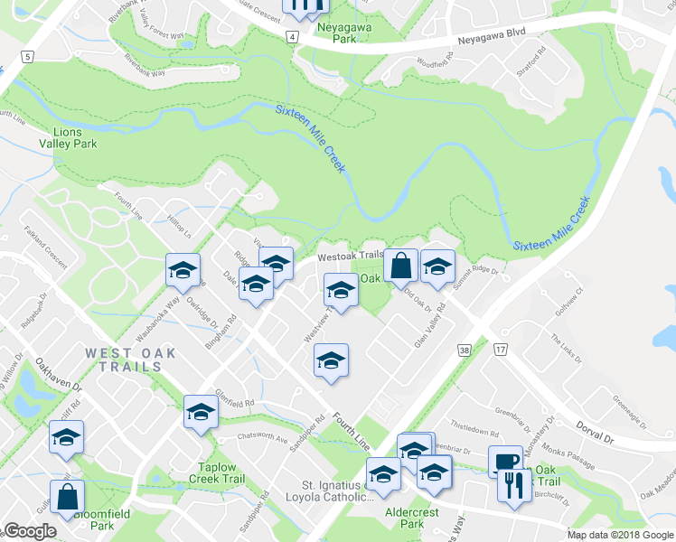 map of restaurants, bars, coffee shops, grocery stores, and more near 1139 Westview Terrace in Oakville