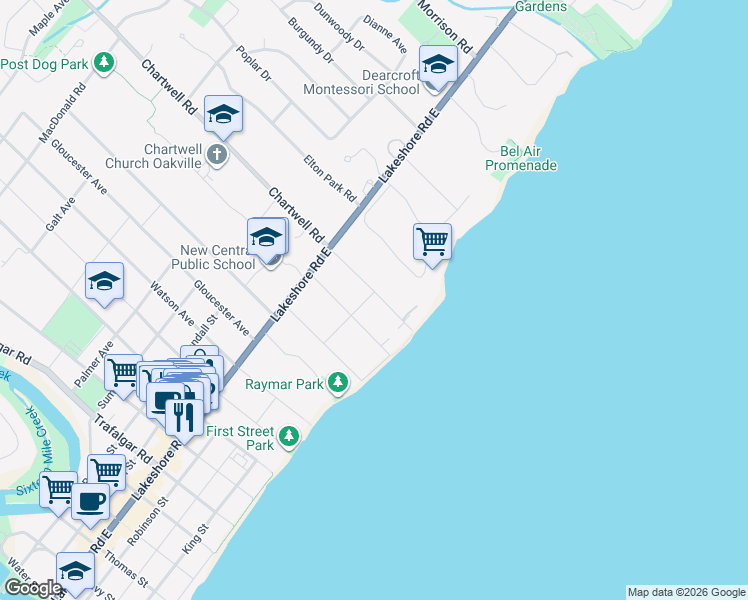 map of restaurants, bars, coffee shops, grocery stores, and more near 37 Howard Avenue in Oakville