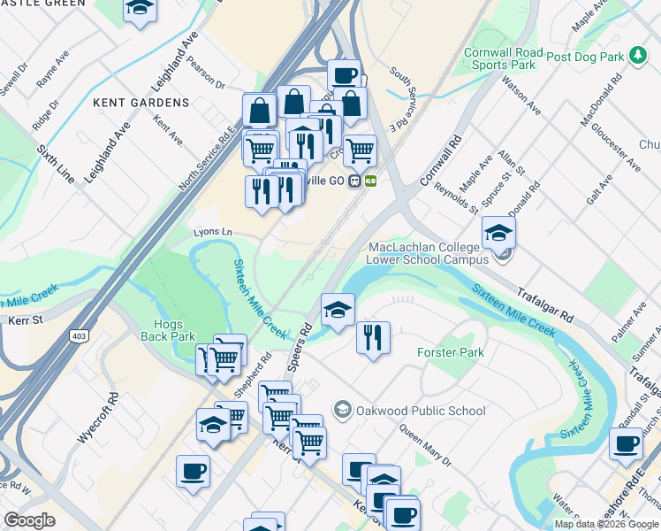 map of restaurants, bars, coffee shops, grocery stores, and more near 60 Old Mill Road in Oakville