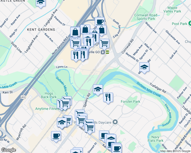 map of restaurants, bars, coffee shops, grocery stores, and more near in Oakville