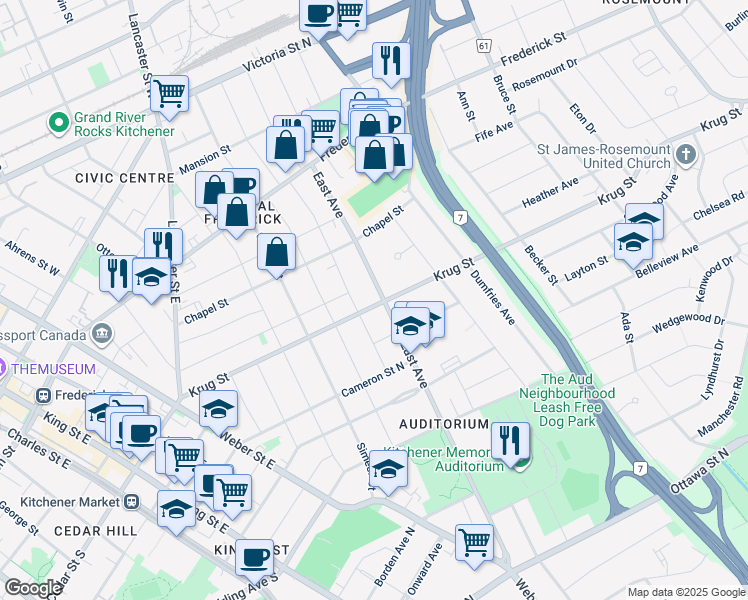 map of restaurants, bars, coffee shops, grocery stores, and more near 134 Merner Avenue in Kitchener