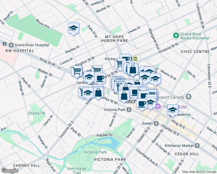 map of restaurants, bars, coffee shops, grocery stores, and more near in Kitchener