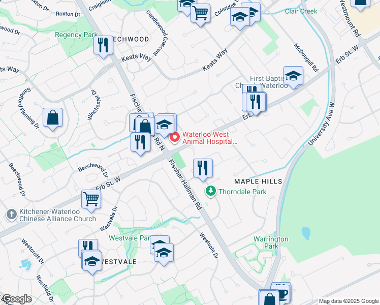 map of restaurants, bars, coffee shops, grocery stores, and more near in Waterloo