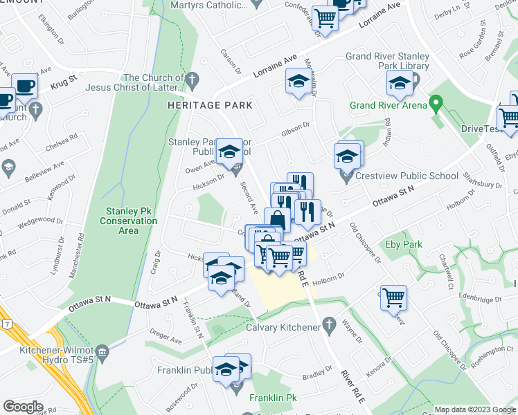 map of restaurants, bars, coffee shops, grocery stores, and more near 71 Secord Avenue in Kitchener