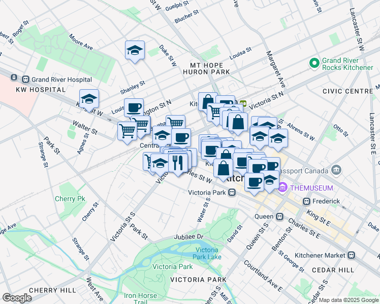 map of restaurants, bars, coffee shops, grocery stores, and more near 410 King Street East in Kitchener