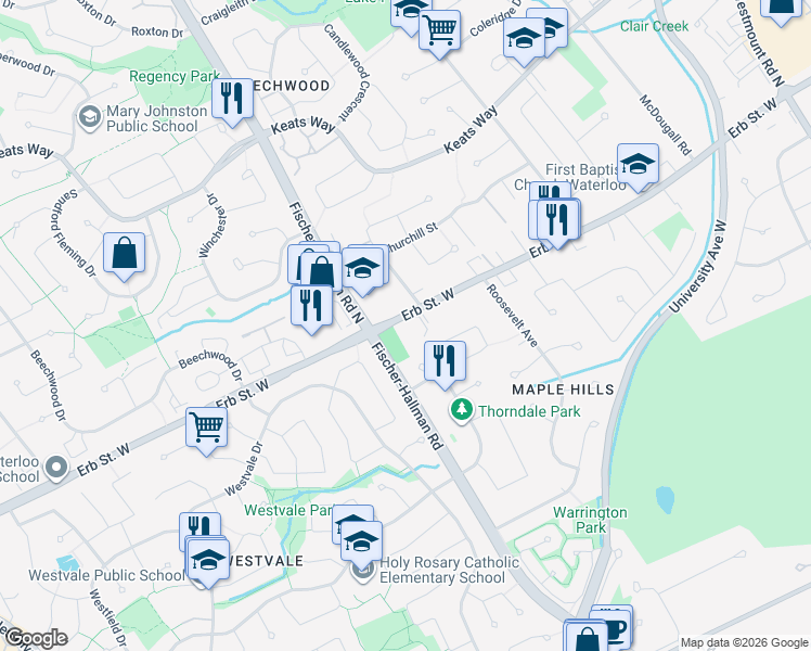map of restaurants, bars, coffee shops, grocery stores, and more near 411 Erb Street West in Waterloo