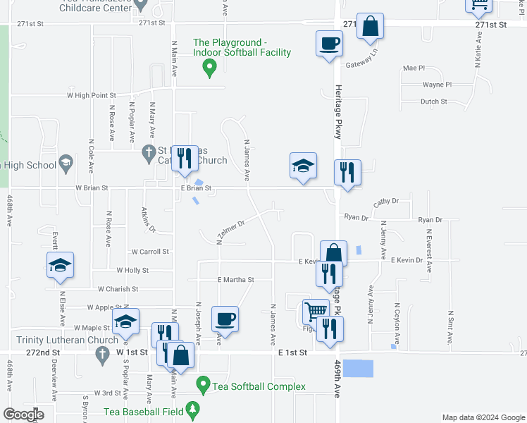 map of restaurants, bars, coffee shops, grocery stores, and more near 625 North James Avenue in Tea