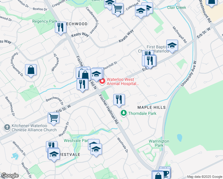 map of restaurants, bars, coffee shops, grocery stores, and more near 405 Erb Street West in Waterloo