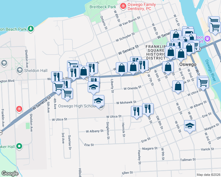 map of restaurants, bars, coffee shops, grocery stores, and more near 111 Liberty Street in Oswego