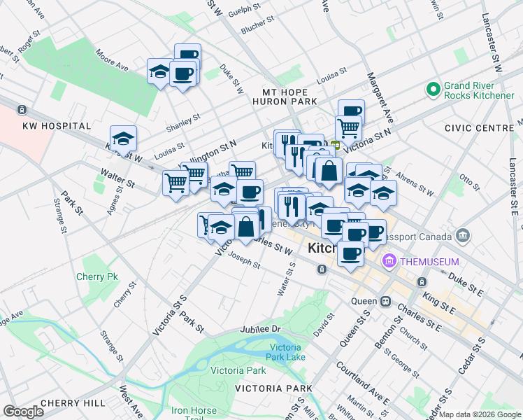 map of restaurants, bars, coffee shops, grocery stores, and more near in Kitchener