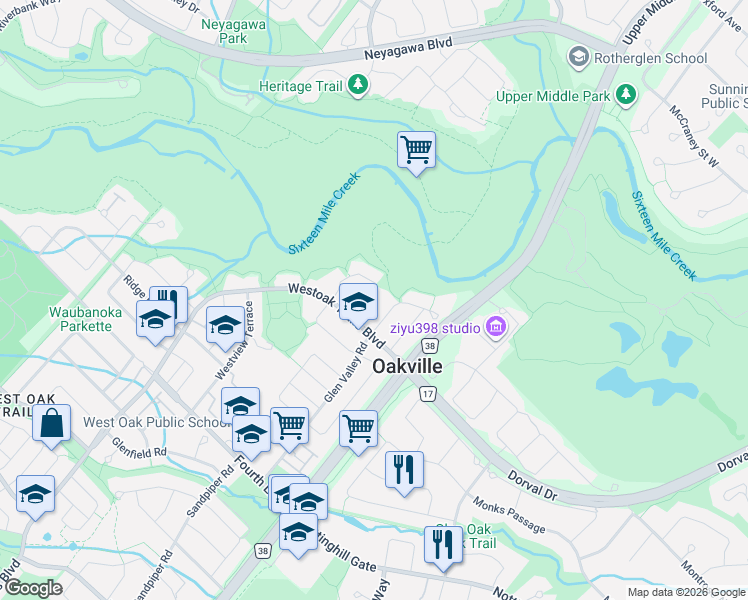 map of restaurants, bars, coffee shops, grocery stores, and more near in Oakville