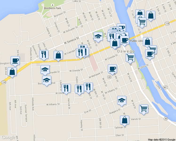 map of restaurants, bars, coffee shops, grocery stores, and more near 161 Southwest 8th Street in Oswego