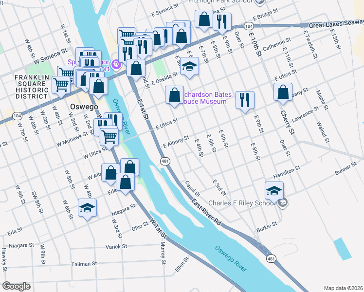 map of restaurants, bars, coffee shops, grocery stores, and more near 165 East 3rd Street in Oswego