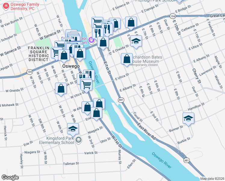 map of restaurants, bars, coffee shops, grocery stores, and more near in Oswego