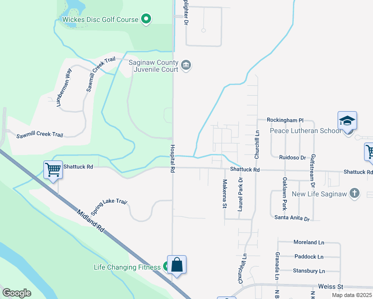 map of restaurants, bars, coffee shops, grocery stores, and more near Hospital Road in Saginaw