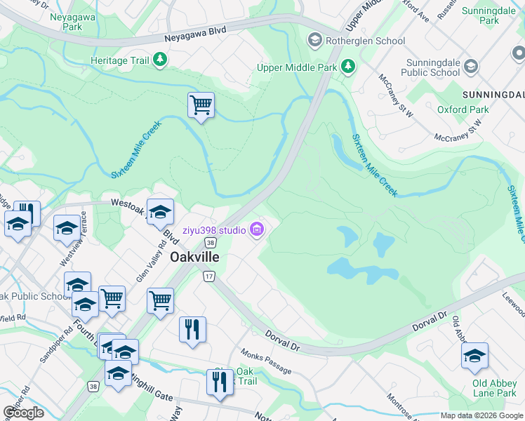 map of restaurants, bars, coffee shops, grocery stores, and more near 530 Golfview Court in Oakville