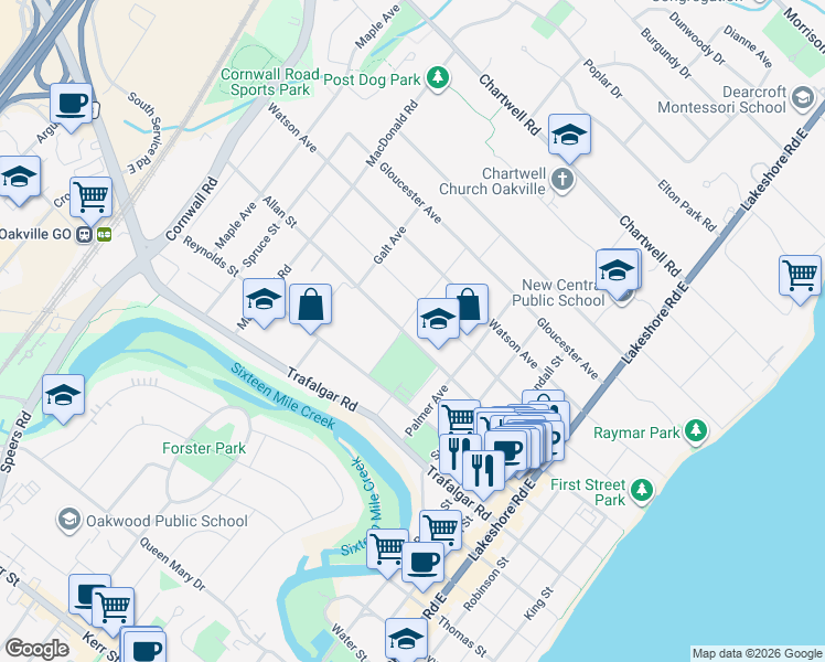 map of restaurants, bars, coffee shops, grocery stores, and more near 251 Allan Street in Oakville