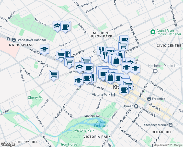 map of restaurants, bars, coffee shops, grocery stores, and more near 410 King Street East in Kitchener