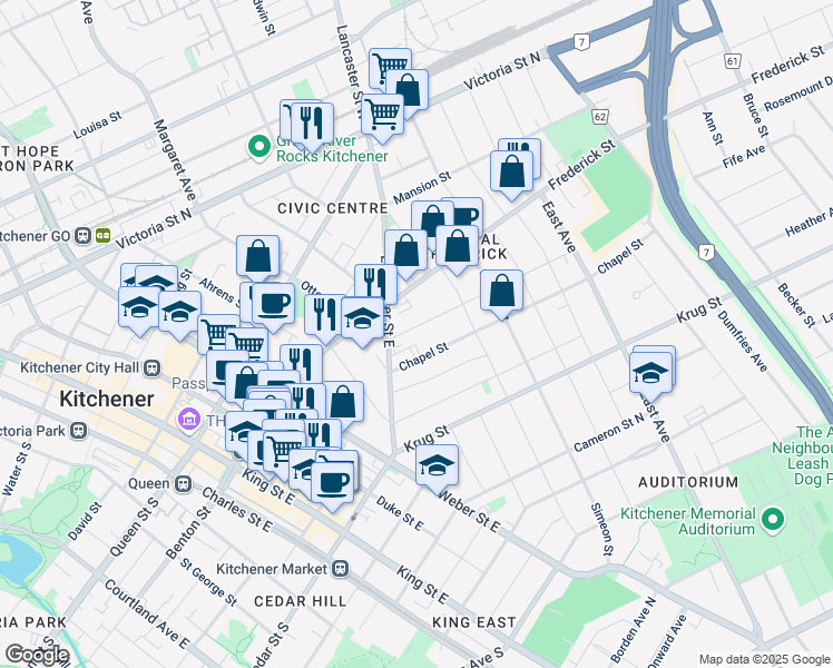 map of restaurants, bars, coffee shops, grocery stores, and more near 26 Bingeman Street in Kitchener