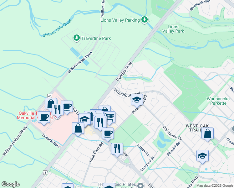 map of restaurants, bars, coffee shops, grocery stores, and more near 1388 Dundas Street West in Oakville