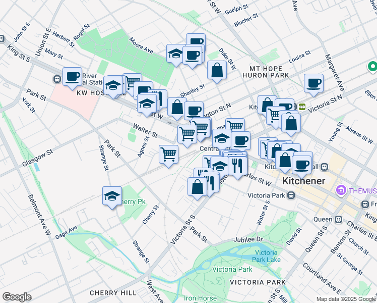map of restaurants, bars, coffee shops, grocery stores, and more near in Kitchener