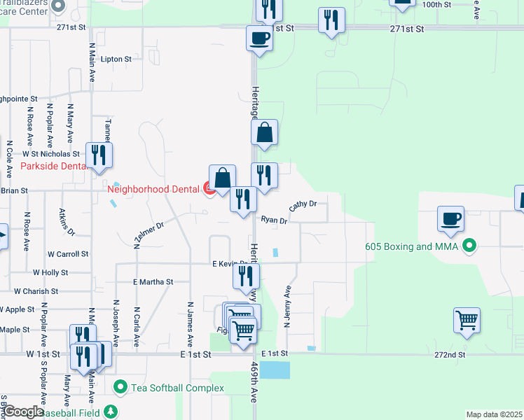 map of restaurants, bars, coffee shops, grocery stores, and more near 815 County Highway 106 in Tea