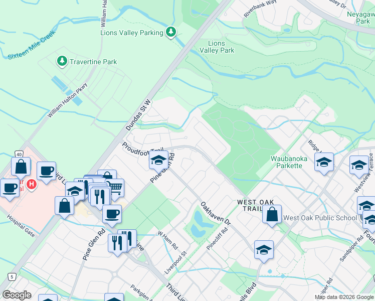 map of restaurants, bars, coffee shops, grocery stores, and more near 2398 Proudfoot Trail in Oakville
