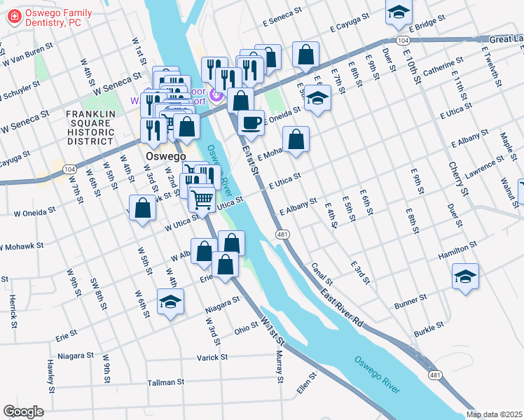 map of restaurants, bars, coffee shops, grocery stores, and more near 220 East 1st Street in Oswego