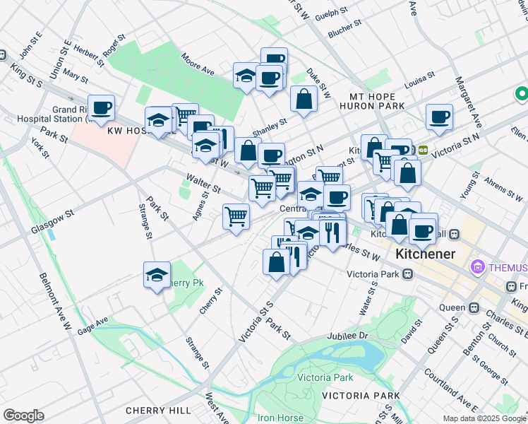 map of restaurants, bars, coffee shops, grocery stores, and more near 25 Wellington Street South in Kitchener