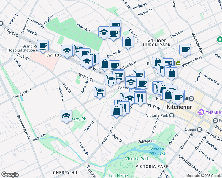 map of restaurants, bars, coffee shops, grocery stores, and more near 25 Wellington Street South in Kitchener