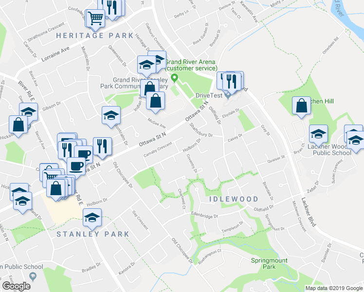 map of restaurants, bars, coffee shops, grocery stores, and more near 204 Holborn Drive in Kitchener
