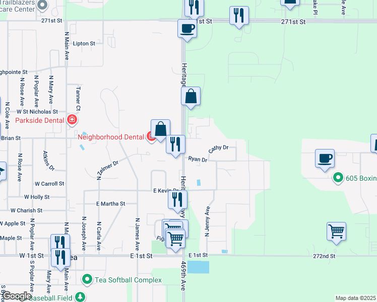 map of restaurants, bars, coffee shops, grocery stores, and more near 800 Ryan Drive in Tea