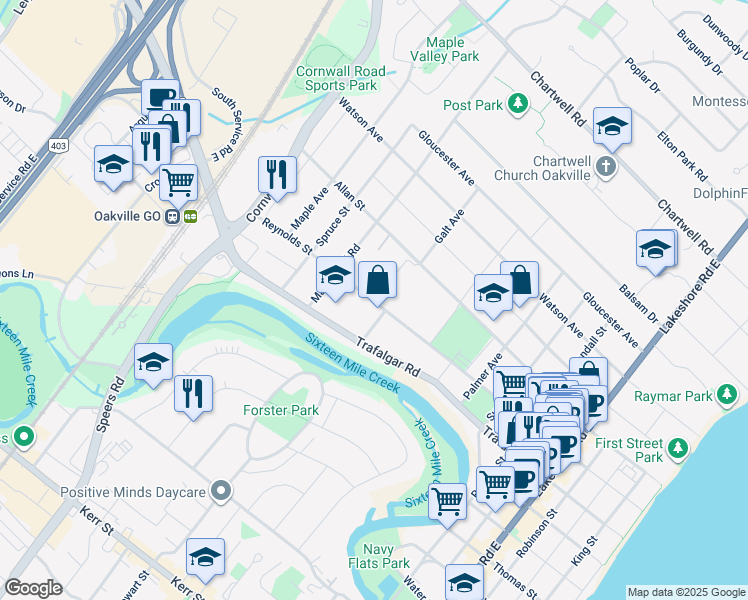 map of restaurants, bars, coffee shops, grocery stores, and more near 325 Reynolds Street in Oakville