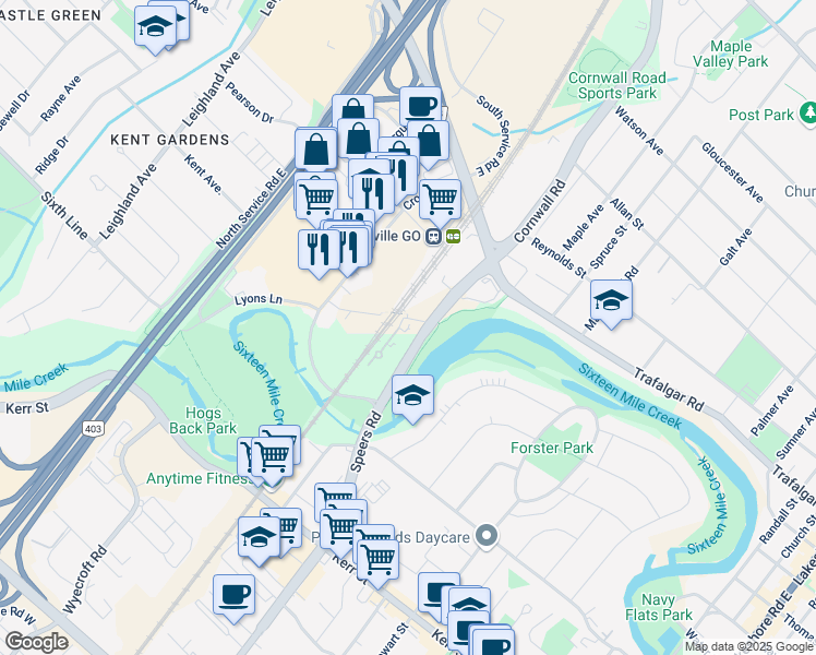 map of restaurants, bars, coffee shops, grocery stores, and more near in Oakville