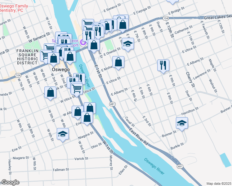 map of restaurants, bars, coffee shops, grocery stores, and more near East Albany Street & East 2nd Street in Oswego