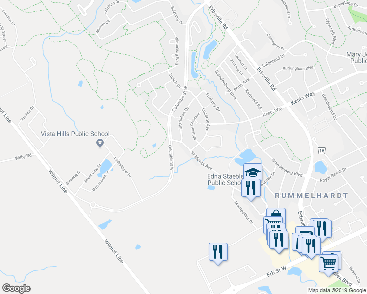 map of restaurants, bars, coffee shops, grocery stores, and more near 565 Saint Moritz Avenue in Waterloo