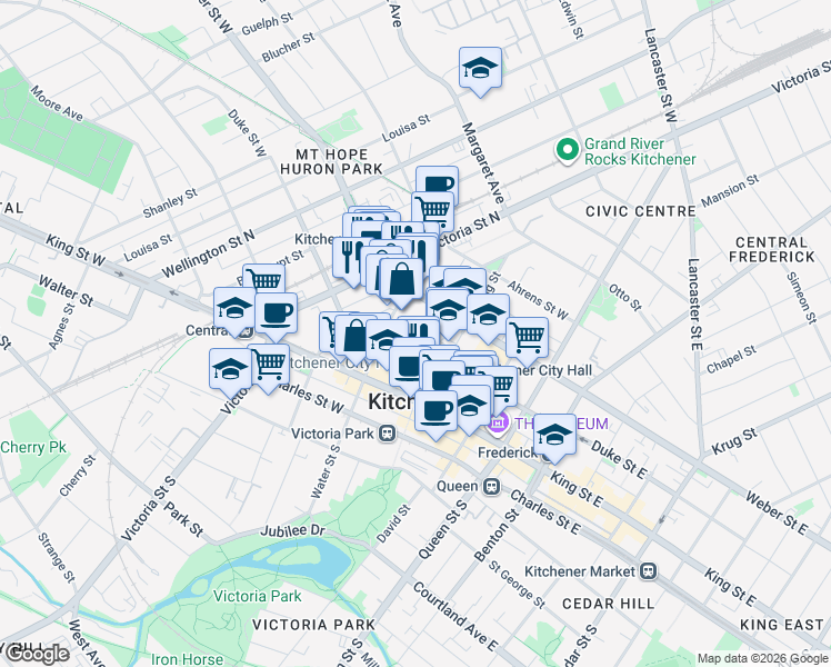 map of restaurants, bars, coffee shops, grocery stores, and more near 48 College Street in Kitchener