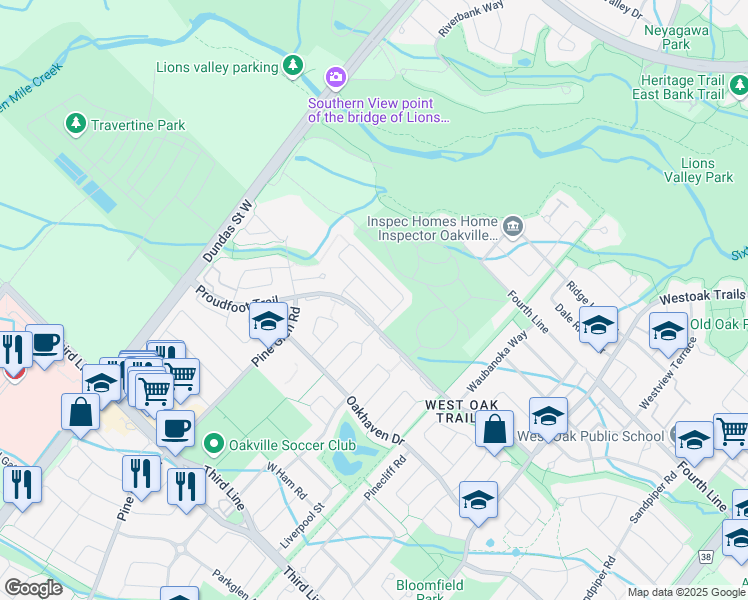 map of restaurants, bars, coffee shops, grocery stores, and more near 2569 Falkland Crescent in Oakville