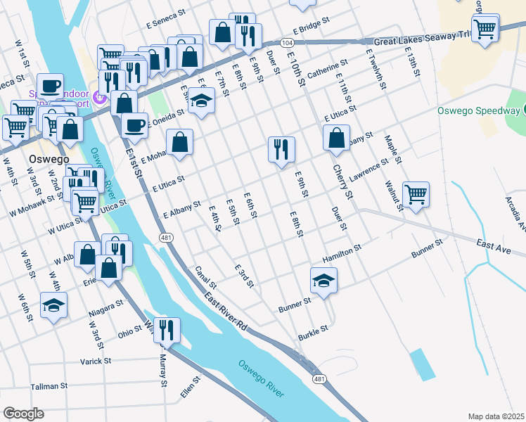 map of restaurants, bars, coffee shops, grocery stores, and more near 186 East 7th Street in Oswego