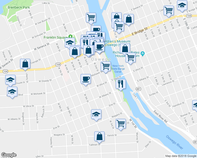 map of restaurants, bars, coffee shops, grocery stores, and more near 201 West 2nd Street in Oswego