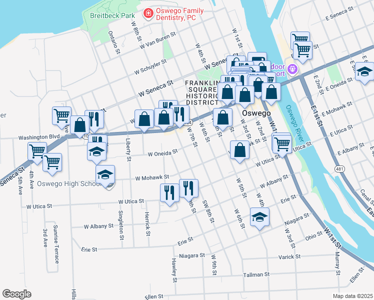 map of restaurants, bars, coffee shops, grocery stores, and more near 149 West 8th Street in Oswego