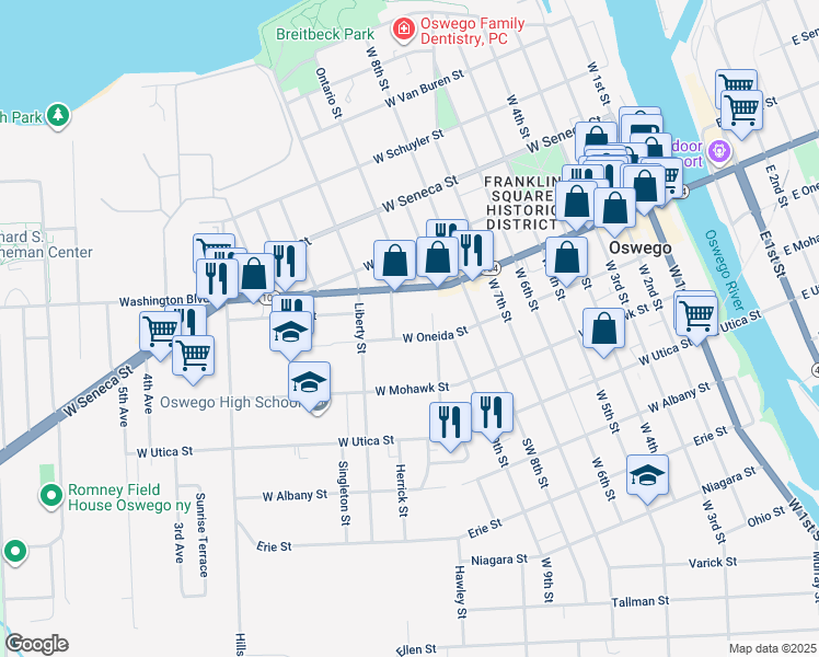 map of restaurants, bars, coffee shops, grocery stores, and more near 9 Lathrop Street in Oswego