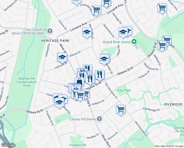 map of restaurants, bars, coffee shops, grocery stores, and more near 80 Breckenridge Drive in Kitchener