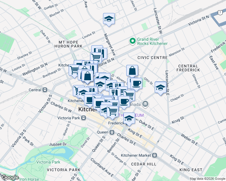 map of restaurants, bars, coffee shops, grocery stores, and more near 107 Young Street in Kitchener