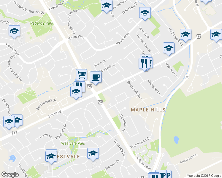 map of restaurants, bars, coffee shops, grocery stores, and more near 402 Erb Street West in Waterloo