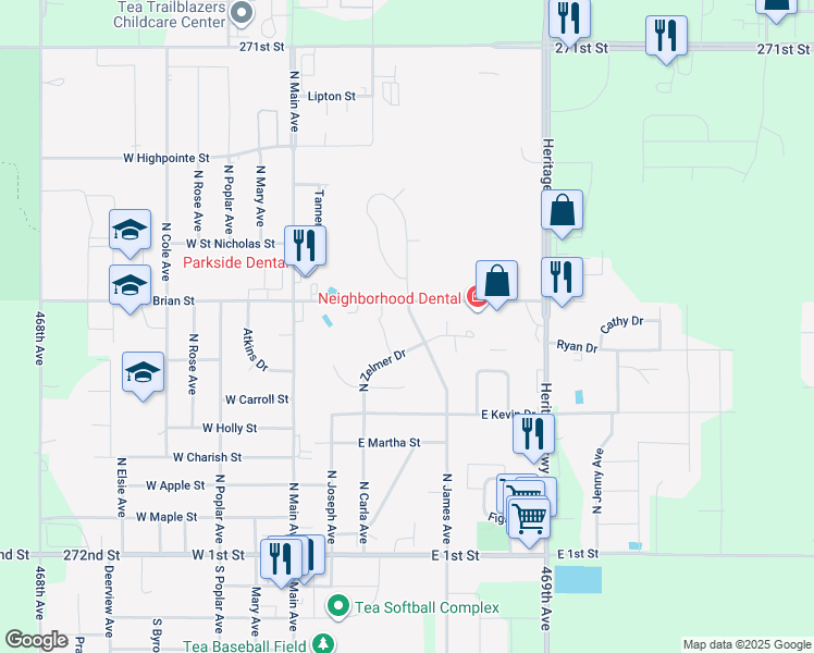 map of restaurants, bars, coffee shops, grocery stores, and more near 815 North James Avenue in Tea
